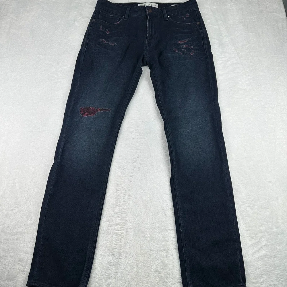 Guess Slim Angels Mens 33x32 Dark Wash Distressed Rip Repair Red Lining Jeans